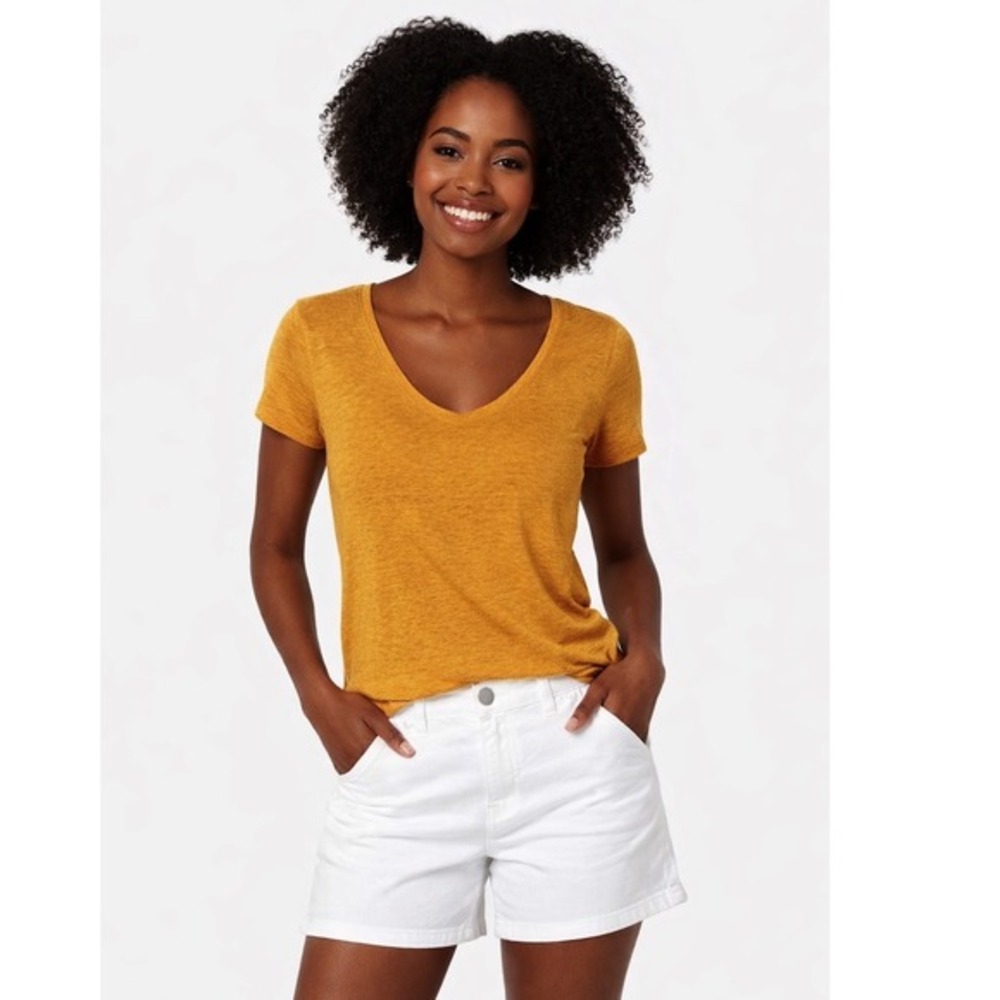 Ann Taylor Mustard Yellow Linen Scoop Neck‎ Short Sleeve T-Shirt XS Chic 49-45